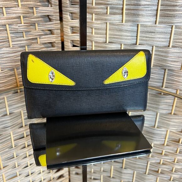 RARE Fendi Black Vitello Elite Calfskin Leather Crystal Eye Monster Long Wallet - Picture 5 of 13